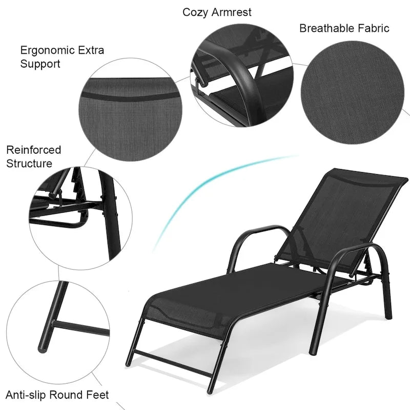 Set of 2 Outdoor Patio Lounge Chair Adjustable Chaise Recliner