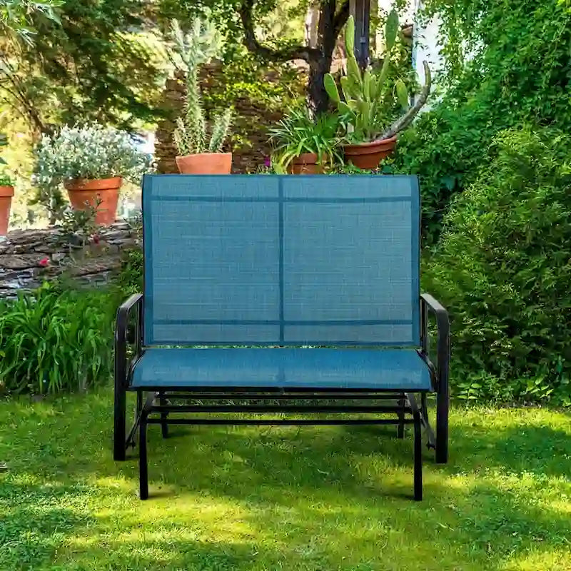 2 Seats Patio Glider Bench with 42 High Backrest Comfortable Sling Fabric & Powder Coated Steel Frame, Peacock Blue