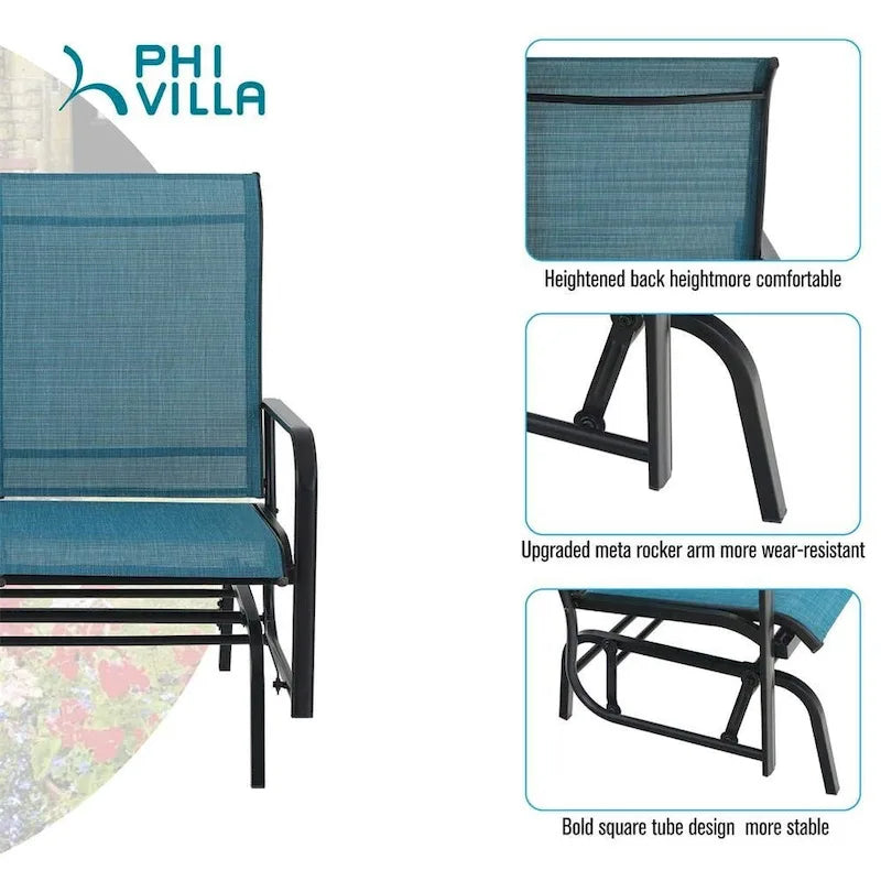 2 Seats Patio Glider Bench with 42 High Backrest Comfortable Sling Fabric & Powder Coated Steel Frame, Peacock Blue