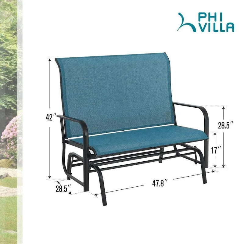 2 Seats Patio Glider Bench with 42 High Backrest Comfortable Sling Fabric & Powder Coated Steel Frame, Peacock Blue