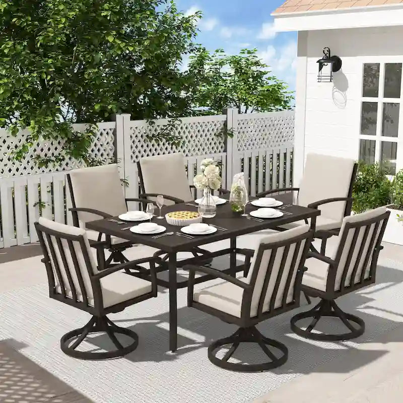 EGEIROS LIFE AluLux 7-Piece Aluminum Patio Dining Set with 6 Swivel Dining Chairs and Washable Cushions