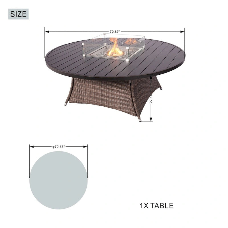 9 Pieces Outdoor Wicker Gas Fire Pit Dining Set Round Table with Chairs