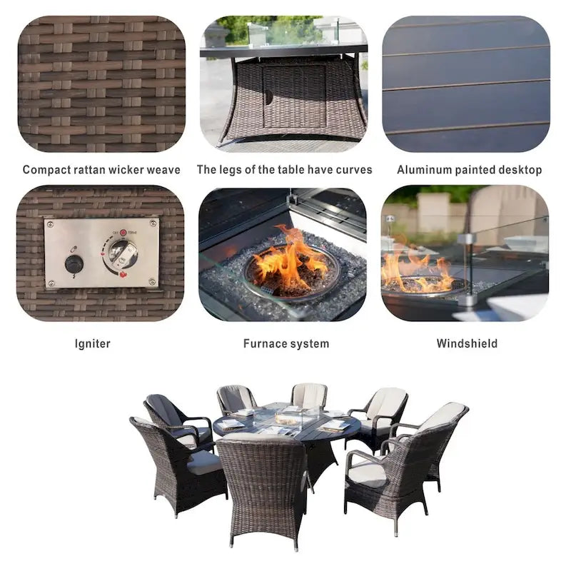9 Pieces Outdoor Wicker Gas Fire Pit Dining Set Round Table with Chairs