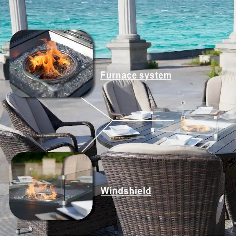 9 Pieces Outdoor Wicker Gas Fire Pit Dining Set Round Table with Chairs