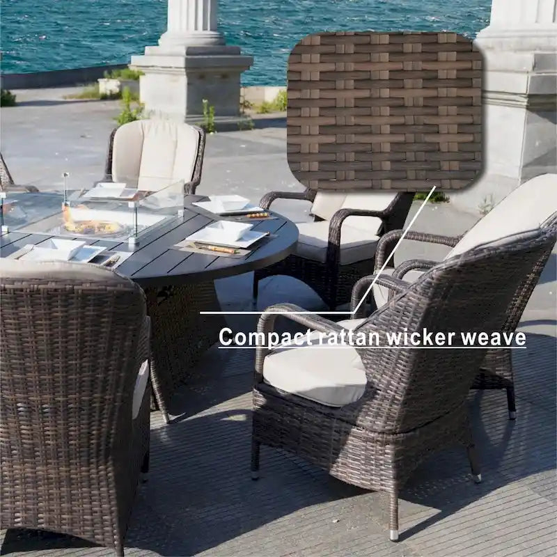 9 Pieces Outdoor Wicker Gas Fire Pit Dining Set Round Table with Chairs