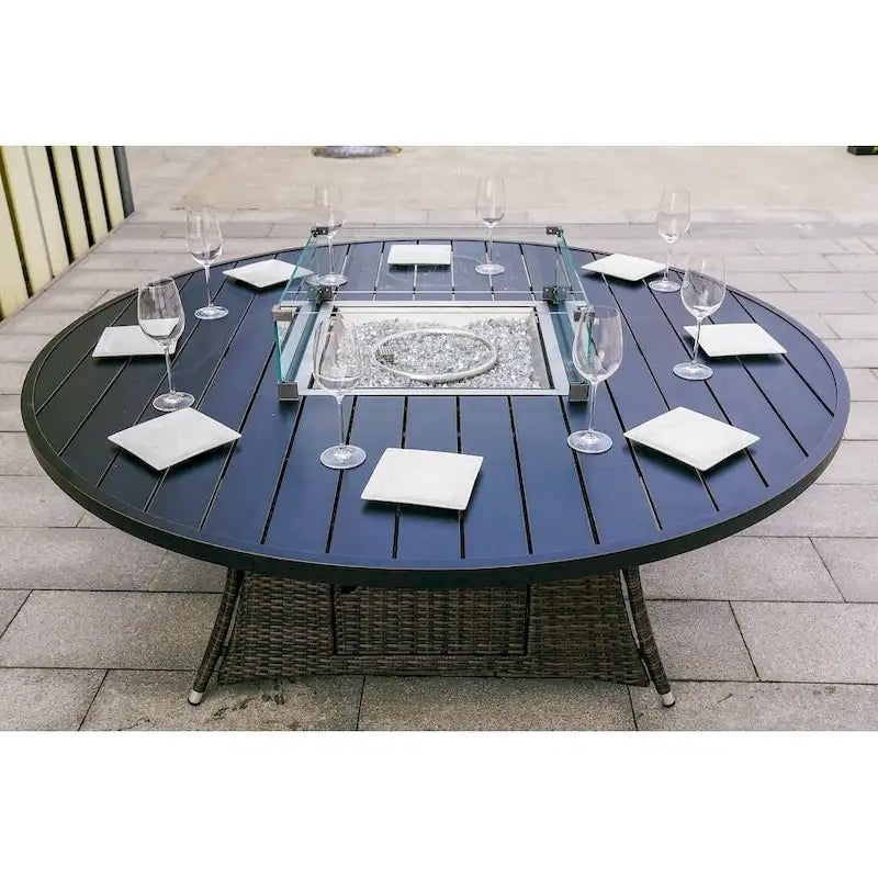 9 Pieces Outdoor Wicker Gas Fire Pit Dining Set Round Table with Chairs