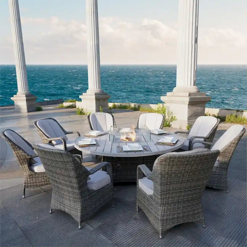 9 Pieces Outdoor Wicker Gas Fire Pit Dining Set Round Table with Chairs