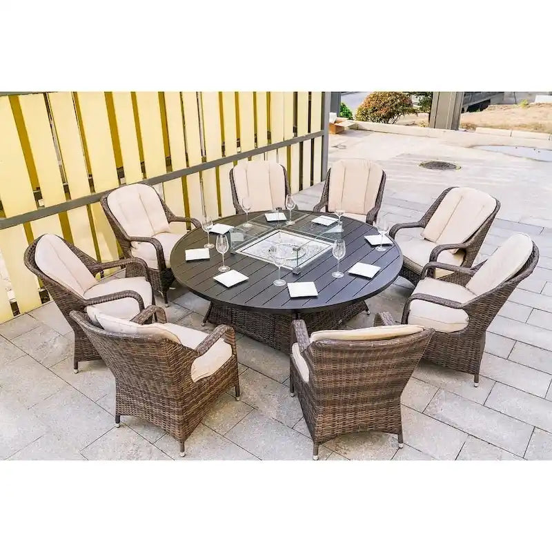9 Pieces Outdoor Wicker Gas Fire Pit Dining Set Round Table with Chairs