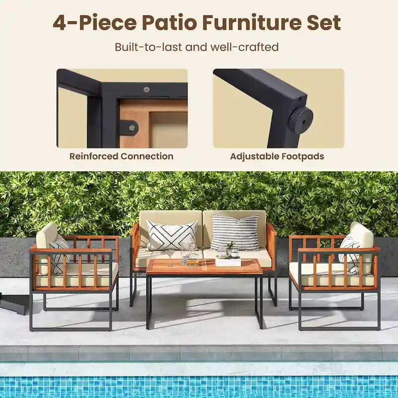 4 PCS Outdoor Furniture Set Wood Outdoor Sofa Set W/ Soft Cushions