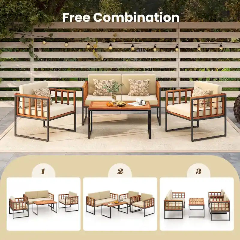 4 PCS Outdoor Furniture Set Wood Outdoor Sofa Set W/ Soft Cushions