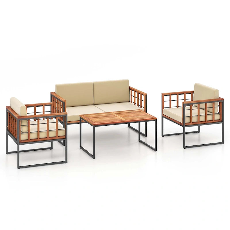 4 PCS Outdoor Furniture Set Wood Outdoor Sofa Set W/ Soft Cushions