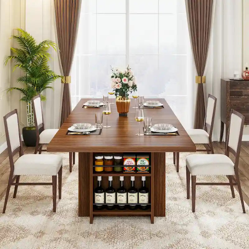 Farmhouse Dining Table for 6, 63-Inch Rectangular Wooden Kitchen Table with Storage