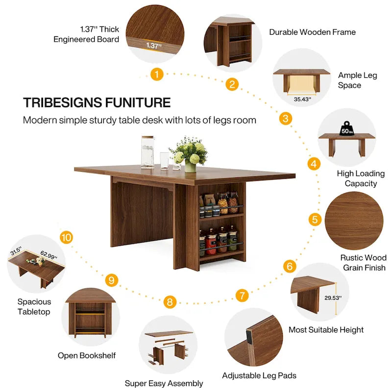 Farmhouse Dining Table for 6, 63-Inch Rectangular Wooden Kitchen Table with Storage