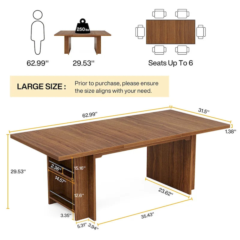 Farmhouse Dining Table for 6, 63-Inch Rectangular Wooden Kitchen Table with Storage