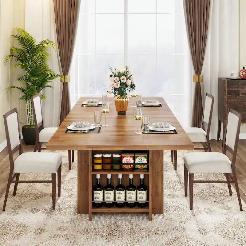 Farmhouse Dining Table for 6, 63-Inch Rectangular Wooden Kitchen Table with Storage