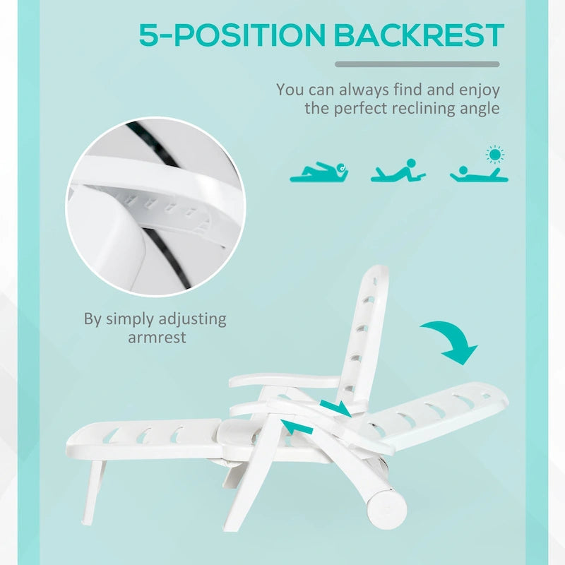 Outsunny Outdoor Folding Chaise Lounge Chair on Wheels, Patio Sun Lounger Recliner & 5-Position Backrest for Garden, Beach, Pool