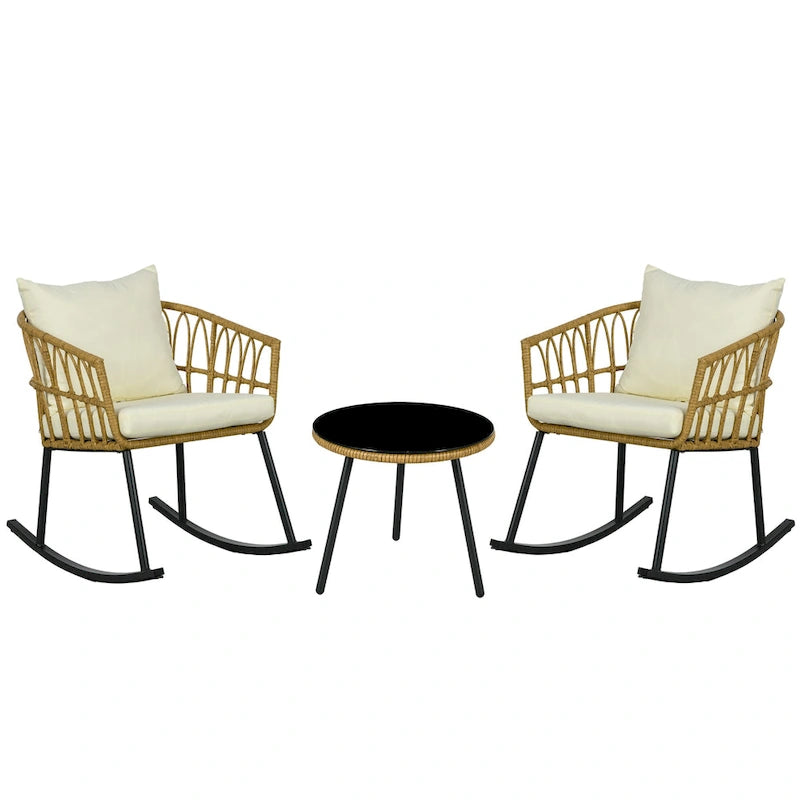 Outsunny 3 Piece Patio Rocking Chair Patio Set with Cushions, Outdoor PE Rattan Wicker Bistro Set with 2 Porch Rocker Chairs