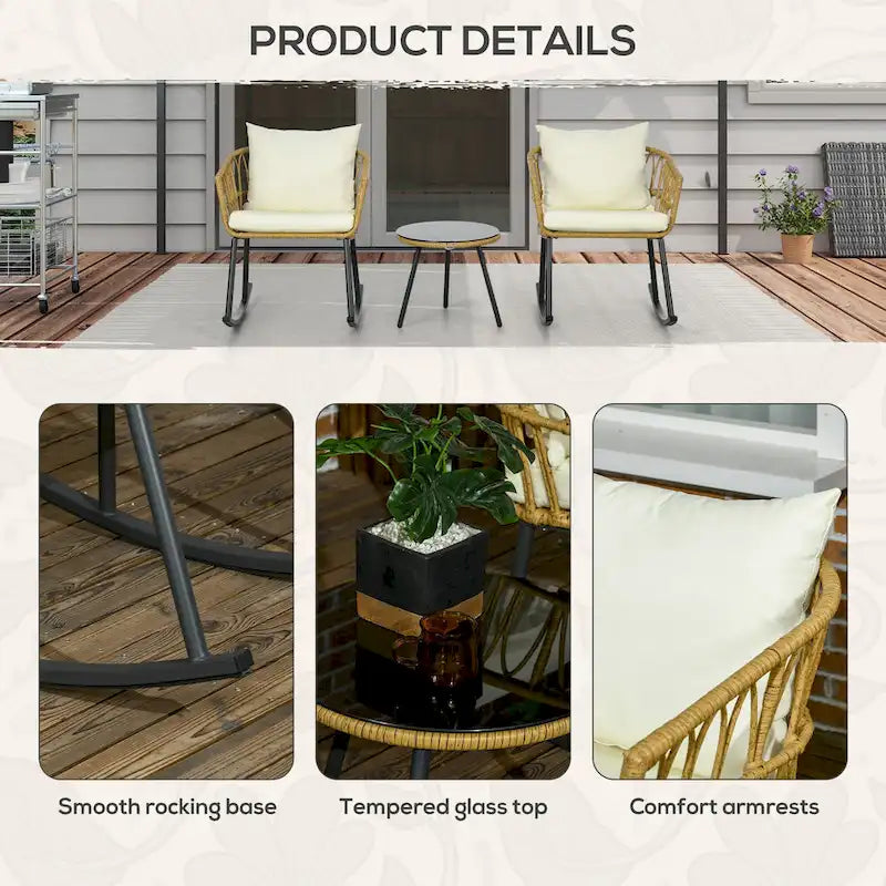 Outsunny 3 Piece Patio Rocking Chair Patio Set with Cushions, Outdoor PE Rattan Wicker Bistro Set with 2 Porch Rocker Chairs