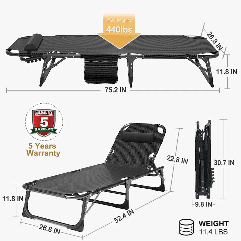 DoCred Adjustable Folding Camping Cot Bed, Lounge Chair Guest Bed - 75
