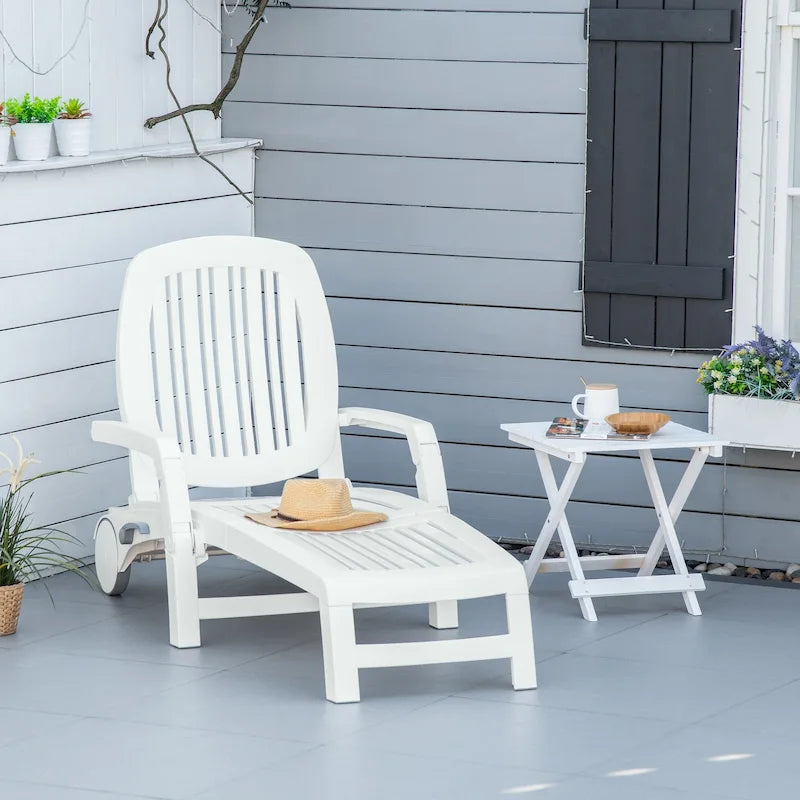 Outsunny Outdoor Folding Chaise Lounge Chair on Wheels, Patio Sun Lounger Recliner with Storage Box & 5-Position Backrest