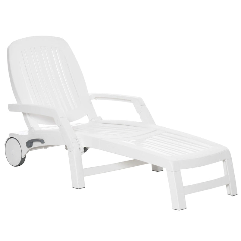 Outsunny Outdoor Folding Chaise Lounge Chair on Wheels, Patio Sun Lounger Recliner with Storage Box & 5-Position Backrest