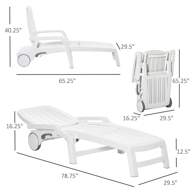 Outsunny Outdoor Folding Chaise Lounge Chair on Wheels, Patio Sun Lounger Recliner with Storage Box & 5-Position Backrest