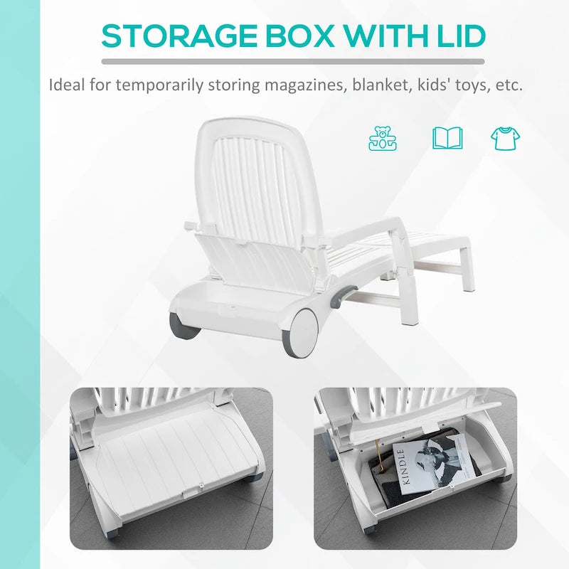Outsunny Outdoor Folding Chaise Lounge Chair on Wheels, Patio Sun Lounger Recliner with Storage Box & 5-Position Backrest