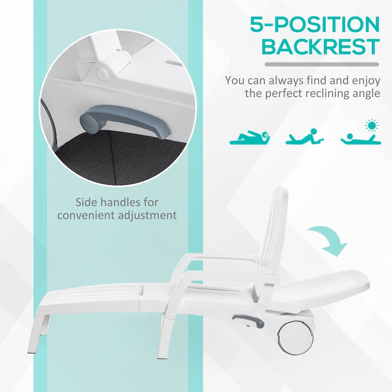 Outsunny Outdoor Folding Chaise Lounge Chair on Wheels, Patio Sun Lounger Recliner with Storage Box & 5-Position Backrest