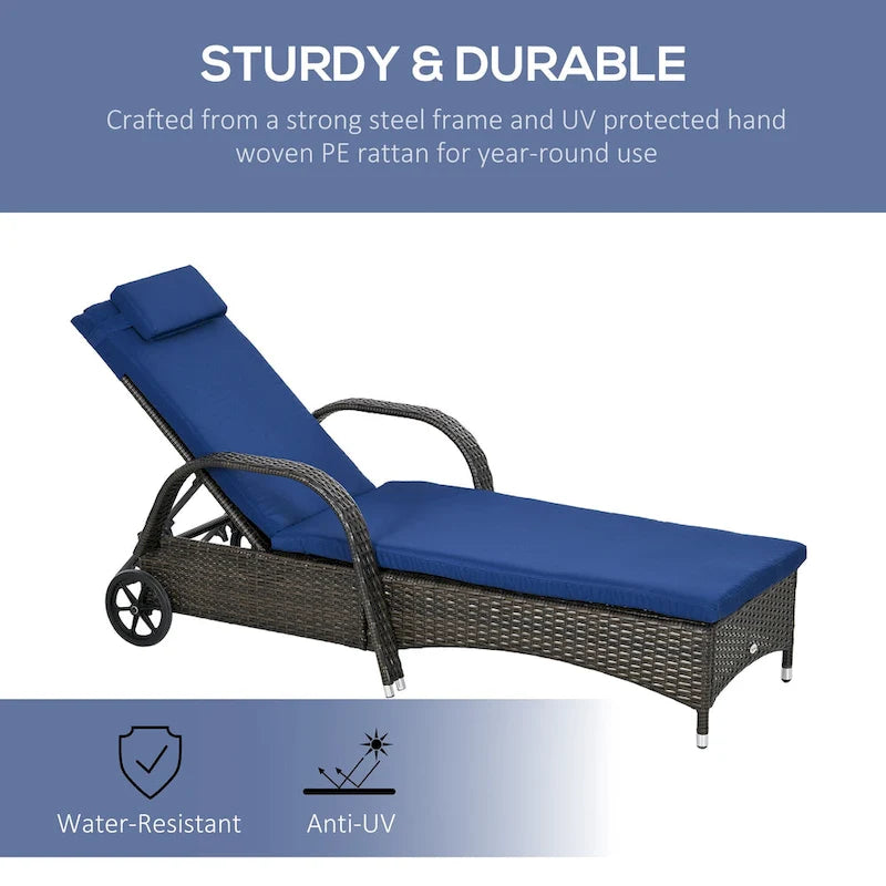 Outsunny Wicker Outdoor Chaise Lounge, 5-Level Adjustable Backrest PE Rattan Pool Lounge Chair with Wheels, Cushion & Headrest