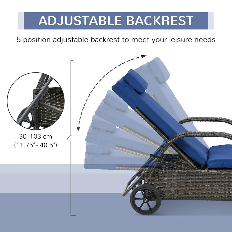 Outsunny Wicker Outdoor Chaise Lounge, 5-Level Adjustable Backrest PE Rattan Pool Lounge Chair with Wheels, Cushion & Headrest
