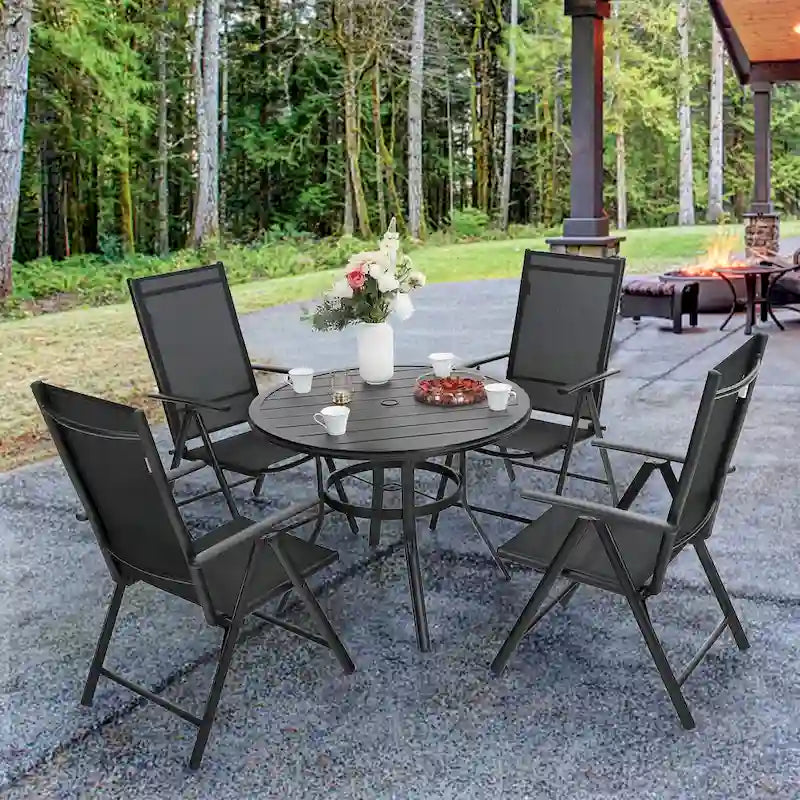 5-Piece Patio Dining Set, Round Metal Steel Dining Table with 1.57umbrella hole and 4 Adjustable Folding Chairs