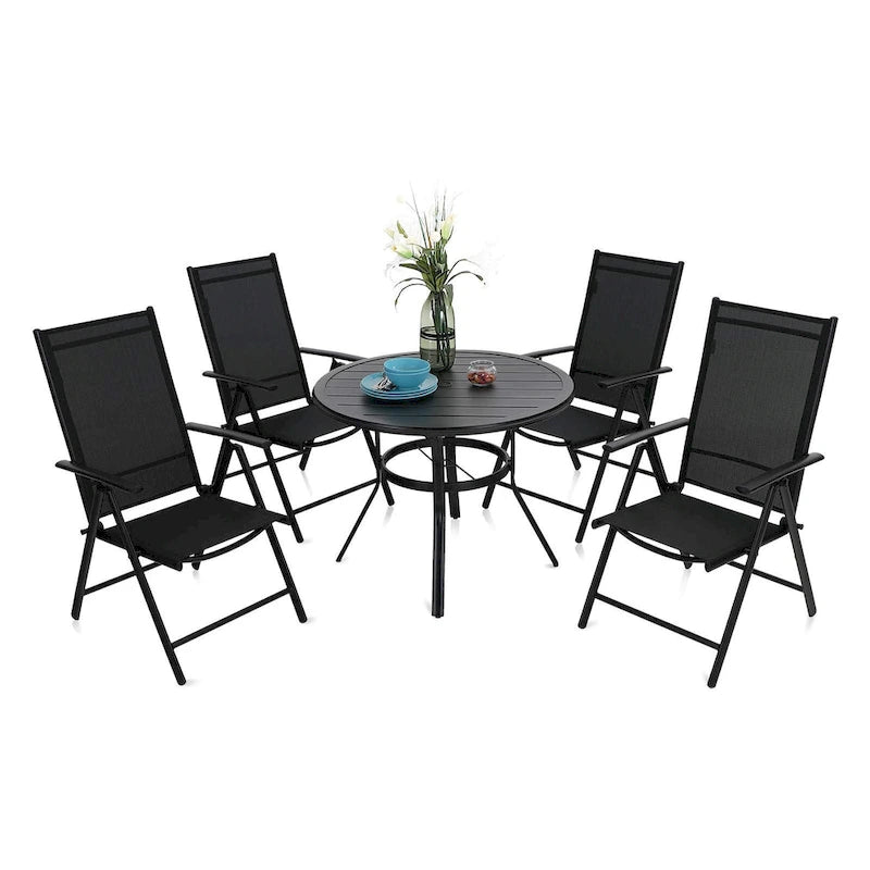 5-Piece Patio Dining Set, Round Metal Steel Dining Table with 1.57umbrella hole and 4 Adjustable Folding Chairs