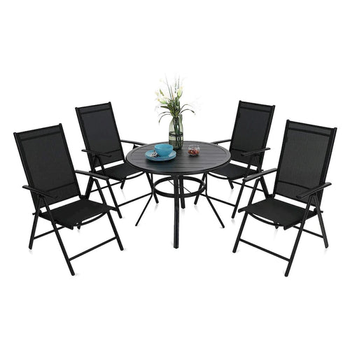 5-Piece Patio Dining Set, Round Metal Steel Dining Table with 1.57umbrella hole and 4 Adjustable Folding Chairs