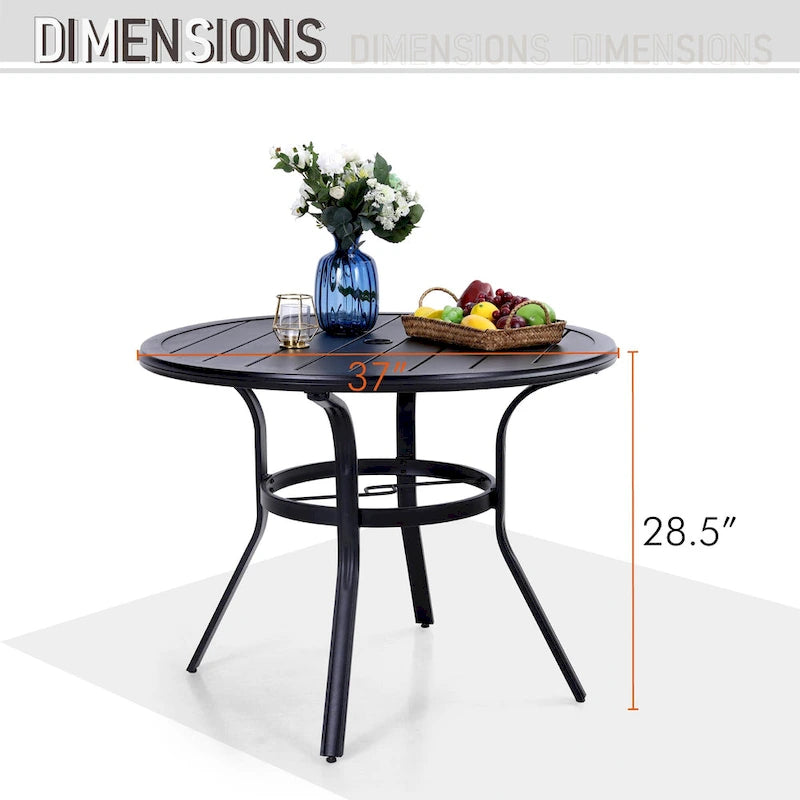 5-Piece Patio Dining Set, Round Metal Steel Dining Table with 1.57umbrella hole and 4 Adjustable Folding Chairs