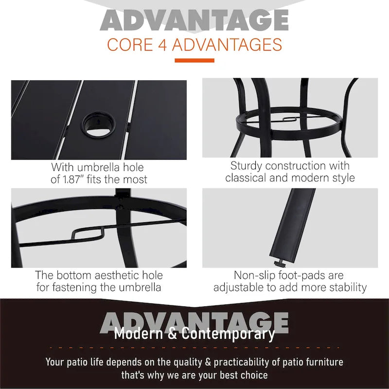 5-Piece Patio Dining Set, Round Metal Steel Dining Table with 1.57umbrella hole and 4 Adjustable Folding Chairs