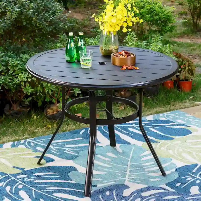 5-Piece Patio Dining Set, Round Metal Steel Dining Table with 1.57umbrella hole and 4 Adjustable Folding Chairs