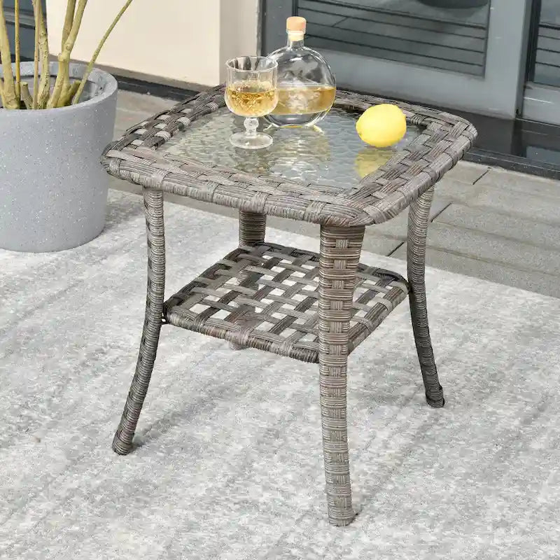 HOOOWOOO Outdoor Patio Grey Rattan Wicker Side Table
