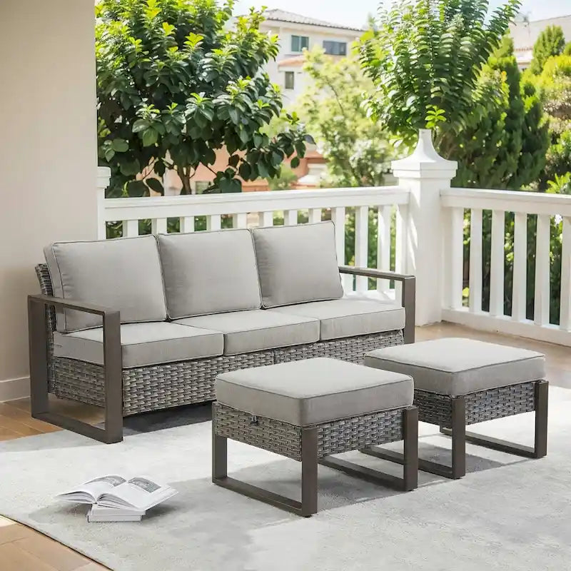 Outdoor PE Wicker Sofa and 2 Ottomans - Grey