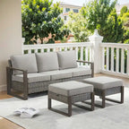Outdoor PE Wicker Sofa and 2 Ottomans - Grey