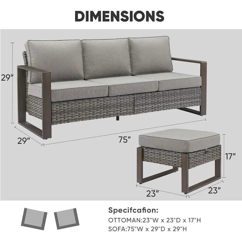 Outdoor PE Wicker Sofa and 2 Ottomans - Grey