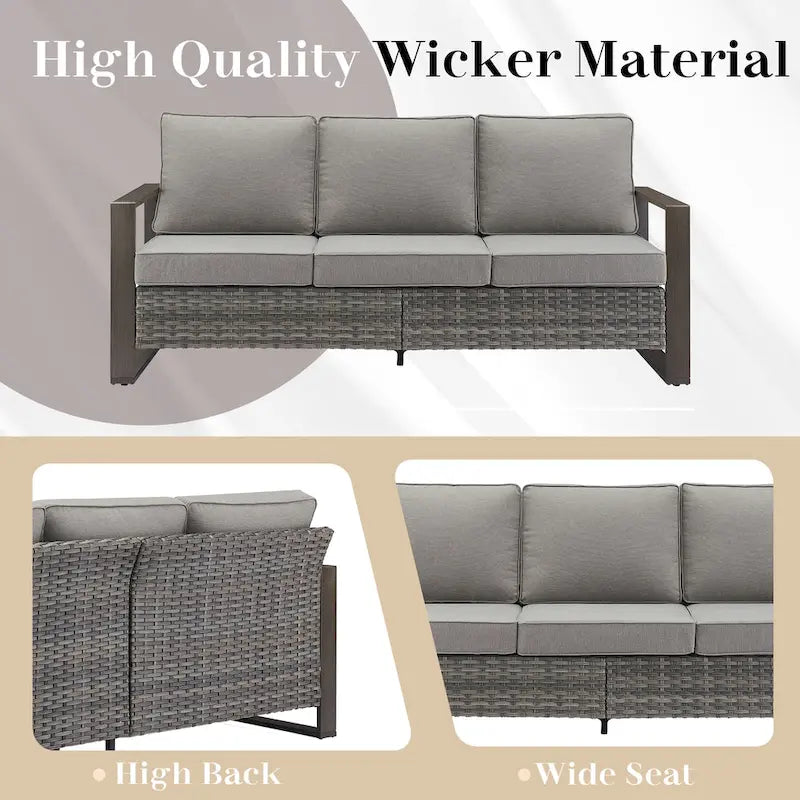 Outdoor PE Wicker Sofa and 2 Ottomans - Grey