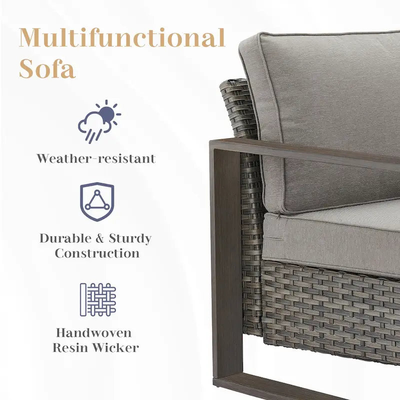 Outdoor PE Wicker Sofa and 2 Ottomans - Grey