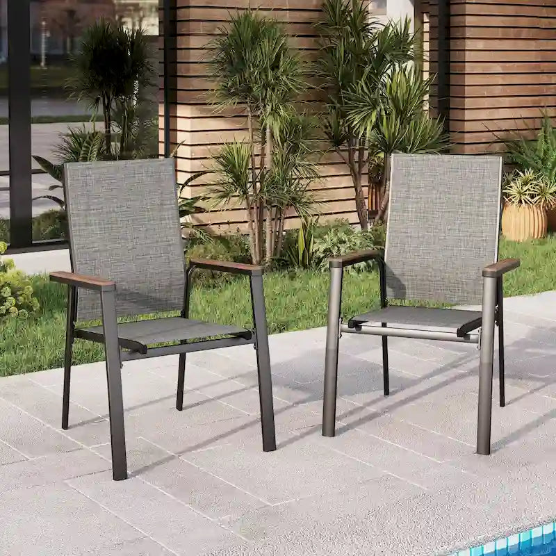 MAISON ARTS 2 Pieces Aluminium Stackable Patio Dining Chairs with Wooden Armest