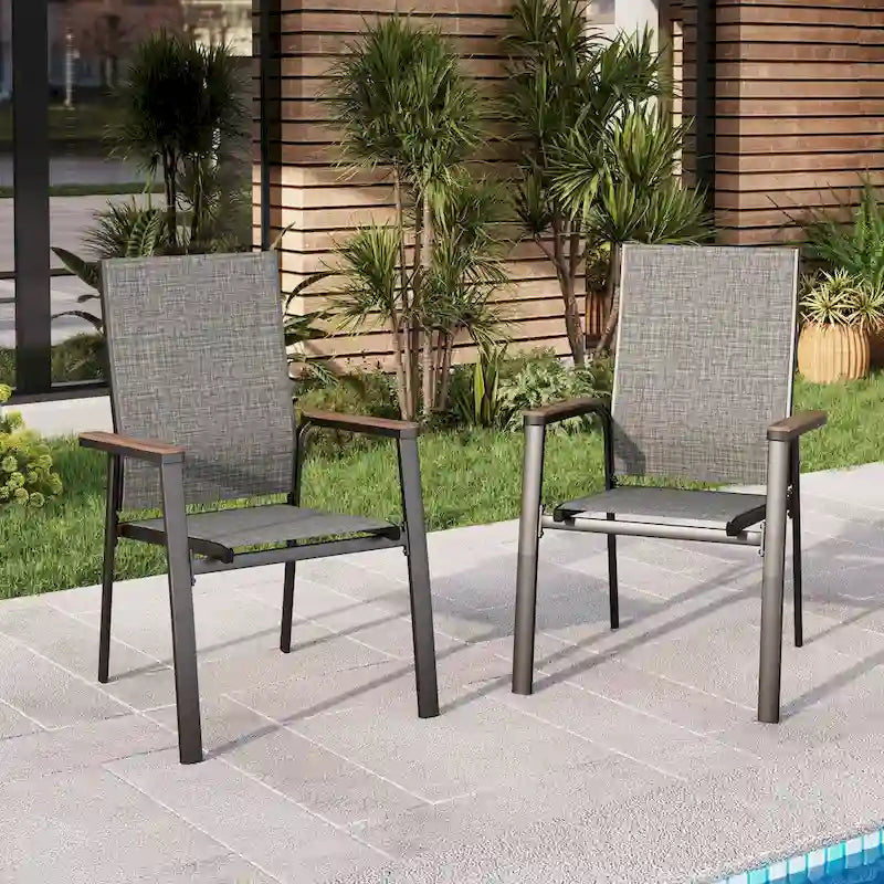 MAISON ARTS 2 Pieces Aluminium Stackable Patio Dining Chairs with Wooden Armest
