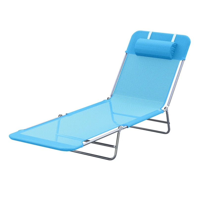 Outsunny Portable Sun Lounger, Folding Chaise Lounge Chair w/ Adjustable Backrest & Pillow for Beach, Poolside and Patio, Blue