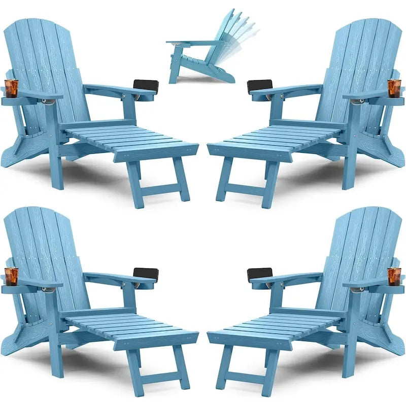 WINSOON All Weather HIPS Folding Adirondack Chair 5-Gear Adjustable Backrest Chairs with Retractable Ottoman Set of 4