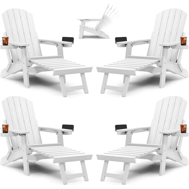 WINSOON All Weather HIPS Folding Adirondack Chair 5-Gear Adjustable Backrest Chairs with Retractable Ottoman Set of 4
