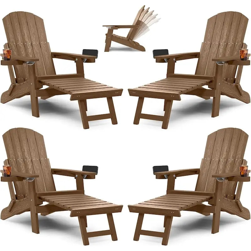 WINSOON All Weather HIPS Folding Adirondack Chair 5-Gear Adjustable Backrest Chairs with Retractable Ottoman Set of 4