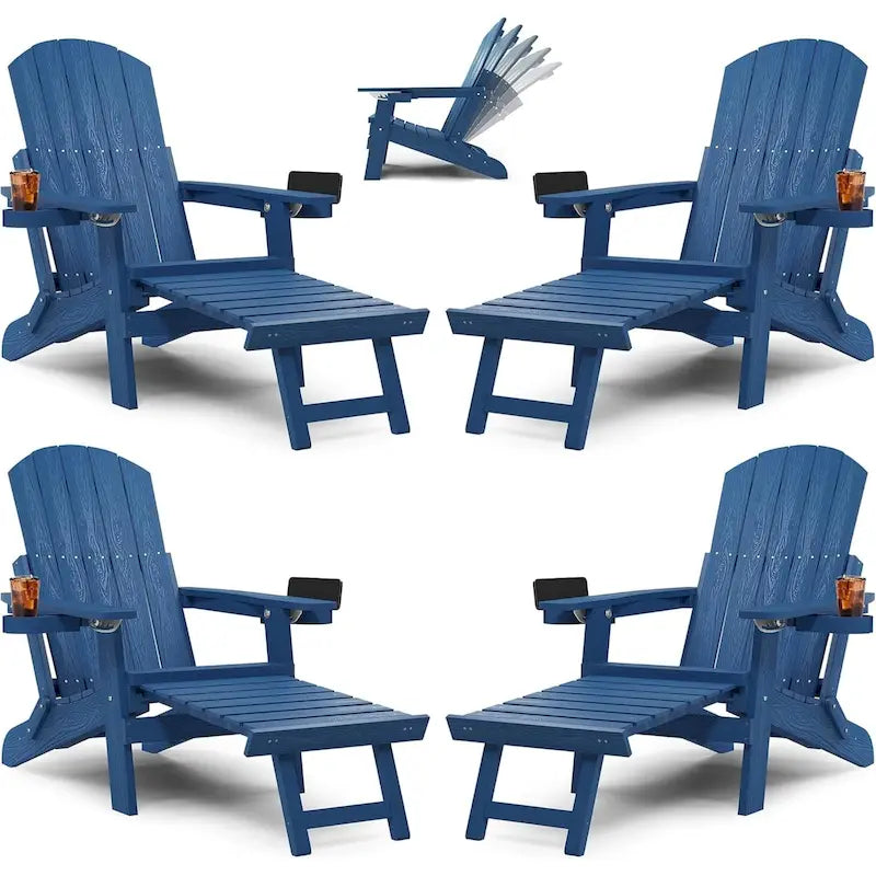 WINSOON All Weather HIPS Folding Adirondack Chair 5-Gear Adjustable Backrest Chairs with Retractable Ottoman Set of 4