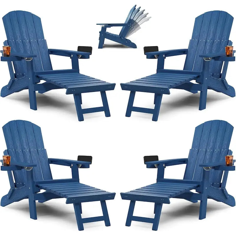 WINSOON All Weather HIPS Folding Adirondack Chair 5-Gear Adjustable Backrest Chairs with Retractable Ottoman Set of 4